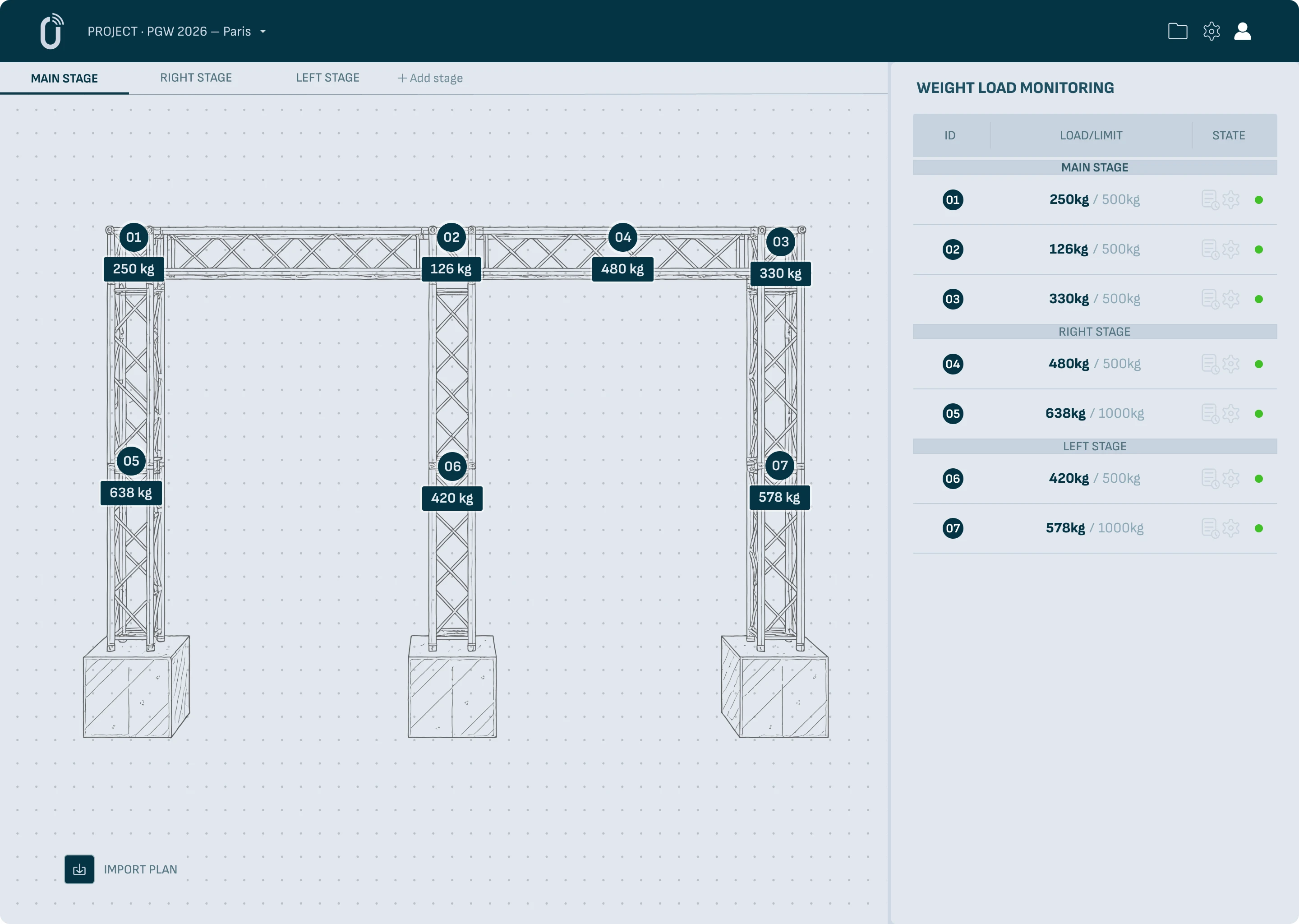 Plan de structure avec positions des capteurs BraceGuard